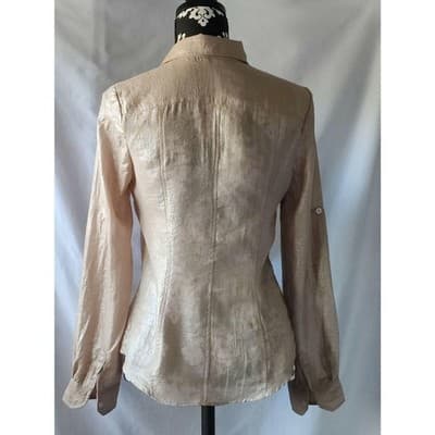 Calvin Klein Womens Metallic Beige Button Front Shirt Long Sleeve Collared - Thumbnail 4
