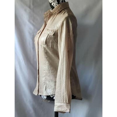 Calvin Klein Womens Metallic Beige Button Front Shirt Long Sleeve Collared - Thumbnail 5