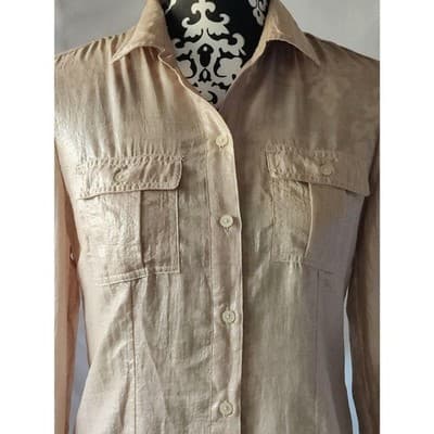 Calvin Klein Womens Metallic Beige Button Front Shirt Long Sleeve Collared - Thumbnail 2