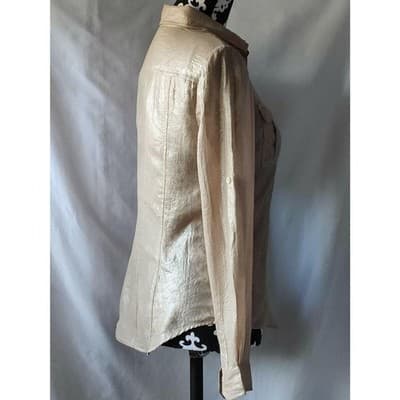 Calvin Klein Womens Metallic Beige Button Front Shirt Long Sleeve Collared - Thumbnail 3