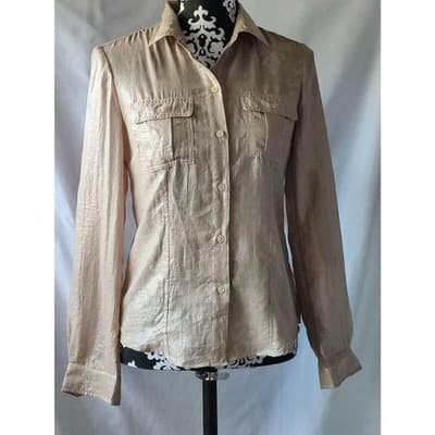 Calvin Klein Womens Metallic Beige Button Front Shirt Long Sleeve Collared - Image 1