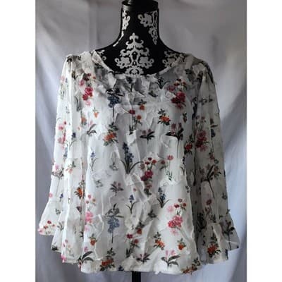 Athena Marie Floral Lace Flutter Sleeve Double Layer Womens White Top Blouse - Thumbnail 2