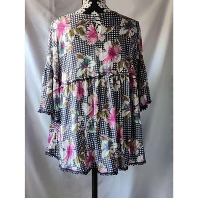 Studio JPR Tropical Floral Top Blouse Flutter Sleeve Womens Black/White Size XL - Thumbnail 4