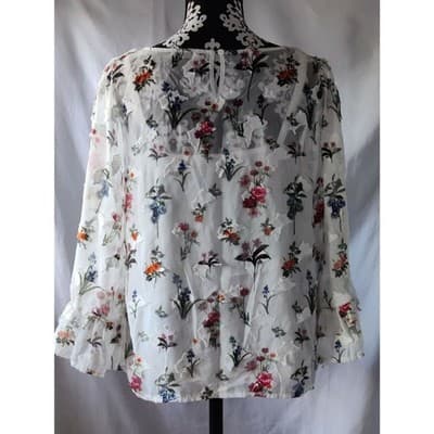 Athena Marie Floral Lace Flutter Sleeve Double Layer Womens White Top Blouse - Thumbnail 5