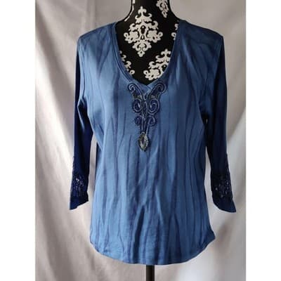 Nature Art Lynn Yang Embroidered 3/4 Sleeve Top Blue Womens Size Large - Image 1