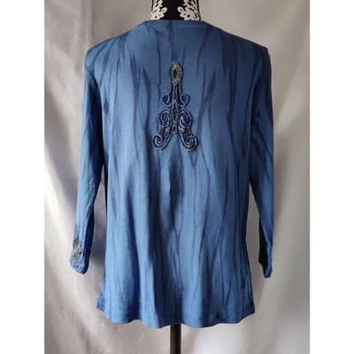 Nature Art Lynn Yang Embroidered 3/4 Sleeve Top Blue Womens Size Large - Thumbnail 3