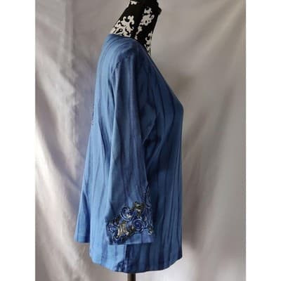 Nature Art Lynn Yang Embroidered 3/4 Sleeve Top Blue Womens Size Large - Thumbnail 2