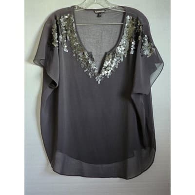 Express Womens Sequin V-Neck Chiffon Blouse Gray Damask Back Relaxed Fit Large - Image 1