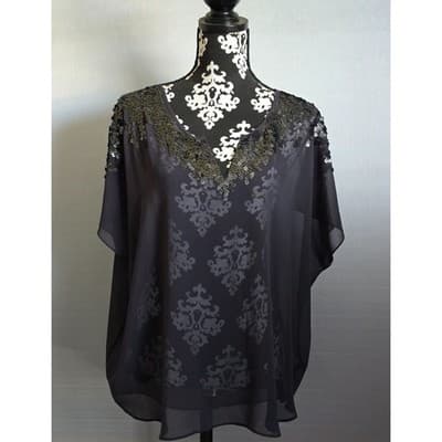 Express Womens Sequin V-Neck Chiffon Blouse Gray Damask Back Relaxed Fit Large - Thumbnail 11