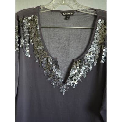 Express Womens Sequin V-Neck Chiffon Blouse Gray Damask Back Relaxed Fit Large - Thumbnail 10