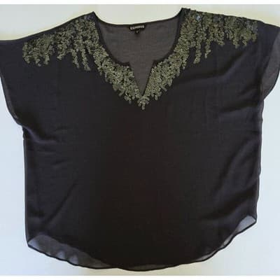 Express Womens Sequin V-Neck Chiffon Blouse Gray Damask Back Relaxed Fit Large - Thumbnail 9