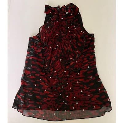 B-Wear Byer California Red Black Abstract Glitter Ruffle Tie Neck Blouse S - Image 1