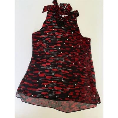B-Wear Byer California Red Black Abstract Glitter Ruffle Tie Neck Blouse S - Thumbnail 2