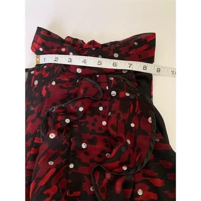B-Wear Byer California Red Black Abstract Glitter Ruffle Tie Neck Blouse S - Thumbnail 7