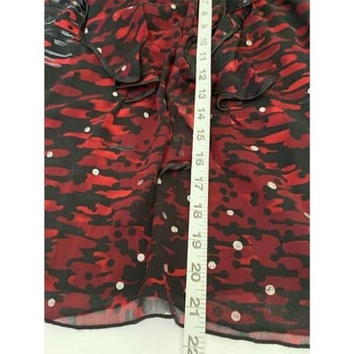 B-Wear Byer California Red Black Abstract Glitter Ruffle Tie Neck Blouse S - Thumbnail 9