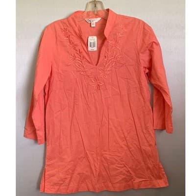 Krazy Kat Women's Coral Embroidered Floral Tunic Top Small 3/4 Sleeve - Image 1