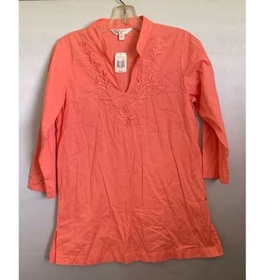 Krazy Kat Women's Coral Embroidered Floral Tunic Top Small 3/4 Sleeve - Thumbnail 8