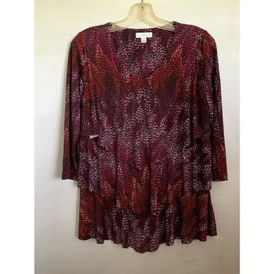 Susan Graver Women's XS Red Floral V-Neck Layered Blouse Casual Spring - Thumbnail 10