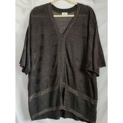 Avenue Womens Black & Gold Metallic Strip Top Blouse Short Sleeve V-Neck - Thumbnail 2