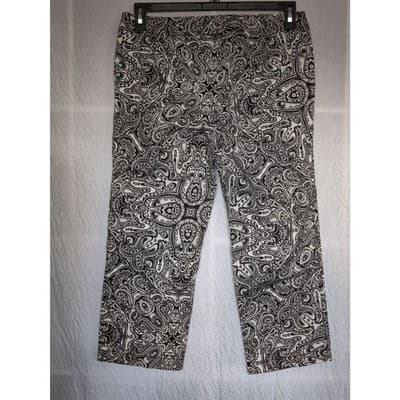 Ann Taylor Black & White Paisley Straight Crop Pants Sz 8P Cotton Blend Stretch - Thumbnail 2