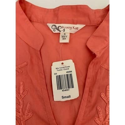 Krazy Kat Women's Coral Embroidered Floral Tunic Top Small 3/4 Sleeve - Thumbnail 7