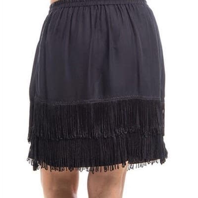 Large Black Fringe Mini Skirt Elastic Waist Pull On Flapper Style Short Skirt - Thumbnail 4