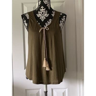 Med Olive Green Tassel Tank Top Sleeveless Casual Summer Boho C.u.k.y. Women's - Image 1