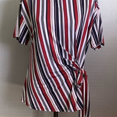 Madison & Hudson Women's Striped Wrap Top Red/White/Blue Size L Short Sleeve - Image 1