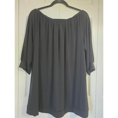 Worthington Stretch Black Gathered Neck Banded Sleeve Knit Top Plus Size - Image 1