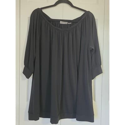 Worthington Stretch Black Gathered Neck Banded Sleeve Knit Top Plus Size - Thumbnail 2