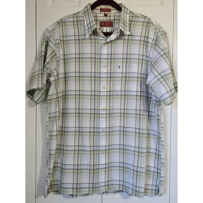IZOD Luxury Sport Mens Large Short Sleeve Plaid Button Down Shirt Green White - Image 1