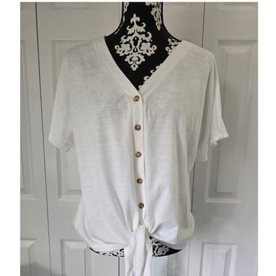 Above and Beyond Womens White Slub Knit Button Front Tie Hem Top KT1112P PL - Image 1