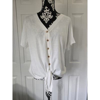 Above and Beyond Womens White Slub Knit Button Front Tie Hem Top KT1112P PL - Thumbnail 11