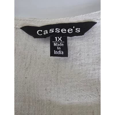 Cassees Cream Cotton Linen Blend Tiered Midi Dress 1X Plus Size Boho V-Neck - Thumbnail 3