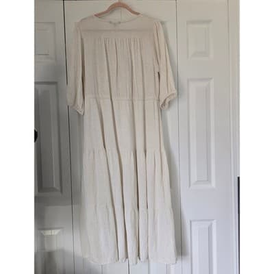 Cassees Cream Cotton Linen Blend Tiered Midi Dress 1X Plus Size Boho V-Neck - Thumbnail 12
