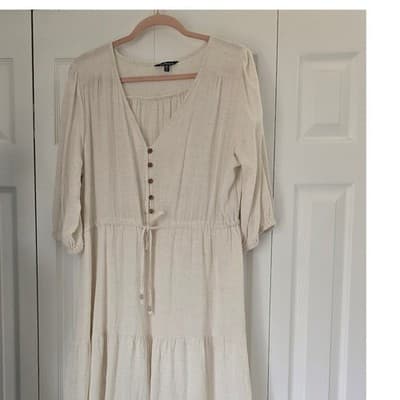 Cassees Cream Cotton Linen Blend Tiered Midi Dress 1X Plus Size Boho V-Neck - Thumbnail 11