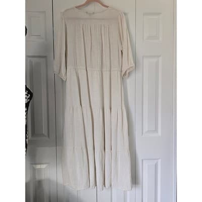 Cassees Cream Cotton Linen Blend Tiered Midi Dress 1X Plus Size Boho V-Neck - Thumbnail 13
