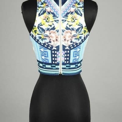 Jealous Tomato Floral Geometric Crop Top Sleeveless Blue Pink Yellow Small - Thumbnail 2