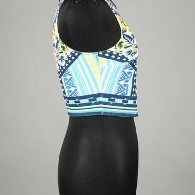 Jealous Tomato Floral Geometric Crop Top Sleeveless Blue Pink Yellow Small - Thumbnail 13