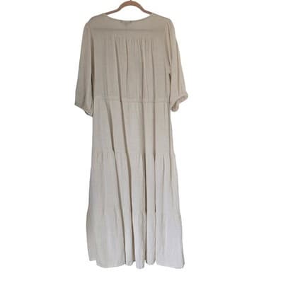 Cassees Cream Cotton Linen Blend Tiered Midi Dress 1X Plus Size Boho V-Neck - Thumbnail 2