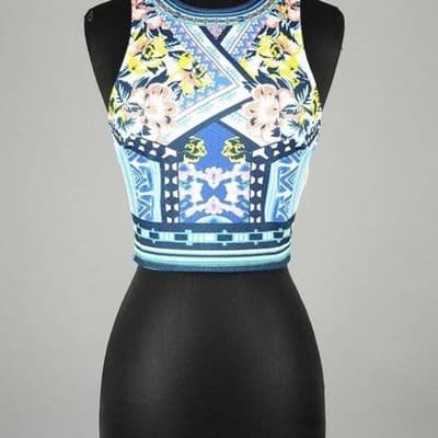 Jealous Tomato Floral Geometric Crop Top Sleeveless Blue Pink Yellow Small - Thumbnail 12