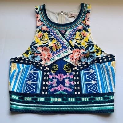 Jealous Tomato Floral Geometric Crop Top Sleeveless Blue Pink Yellow Small - Thumbnail 11