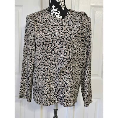 Laura Henson Vintage Metallic Bronze Black Pebble Jacquard Blouse Top Size 8 USA - Thumbnail 9