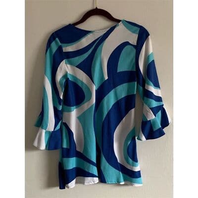 Escapada Women's Blue Geometric Tunic Blouse 3/4 Bell Sleeves XS - Thumbnail 5