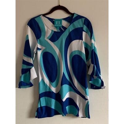 Escapada Women's Blue Geometric Tunic Blouse 3/4 Bell Sleeves XS - Thumbnail 4