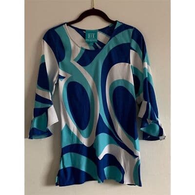 Escapada Women's Blue Geometric Tunic Blouse 3/4 Bell Sleeves XS - Thumbnail 2