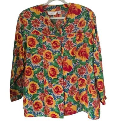 Jouer Vintage 100% Silk Pajama Set L Floral Button Top Green Pants 2 Piece Loung - Image 1