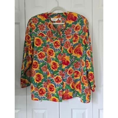 Jouer Vintage 100% Silk Pajama Set L Floral Button Top Green Pants 2 Piece Loung - Thumbnail 20