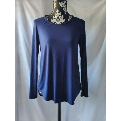 Miin Navy Blue Twist Back Sheer Damask Panel Long Sleeve Top Small TCD1037 USA - Image 1