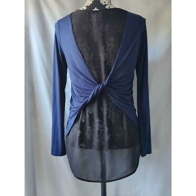 Miin Navy Blue Twist Back Sheer Damask Panel Long Sleeve Top Small TCD1037 USA - Thumbnail 4
